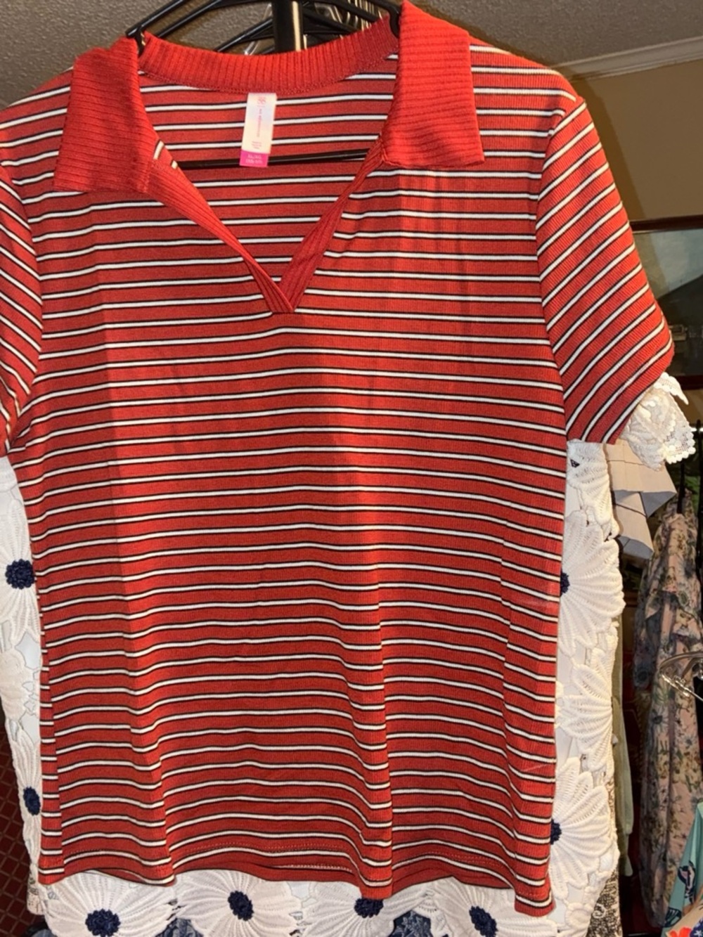 No Boundaries Red Striped Polo V-Neck Tee